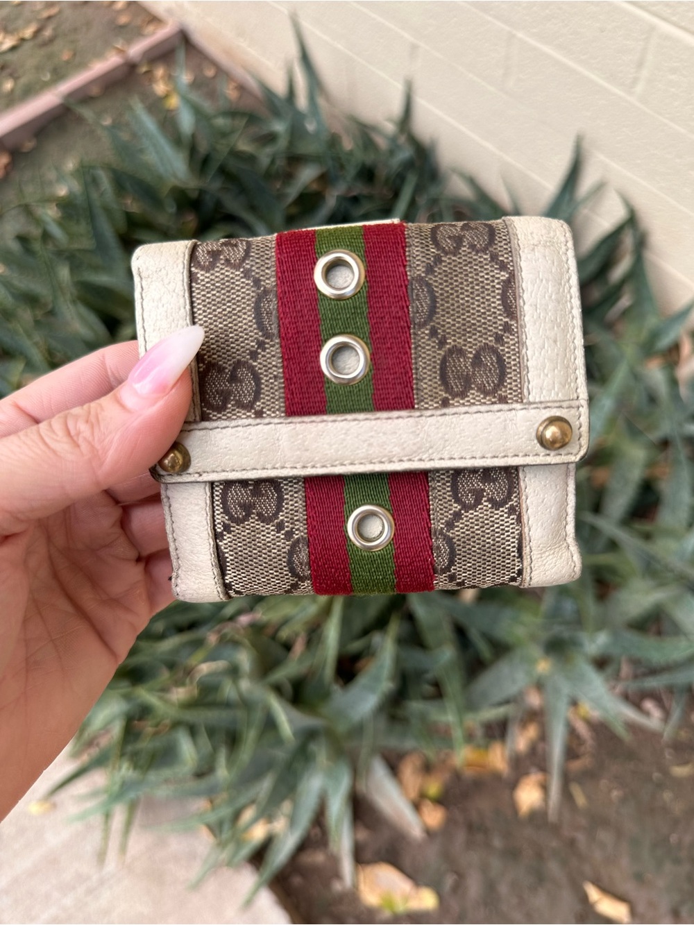 Gucci Small Monogram Canvas Wallet with Red and Green Stripe